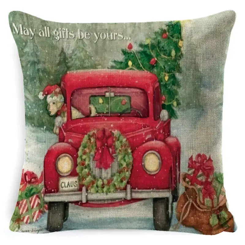 DecorBites Christmas snowman pillow cover featuring a red vintage truck, festive wreath, and santa claus design