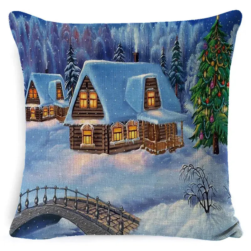 DecorBites christmas snowman pillow cover featuring santa claus and snowy log cabins for festive living room decor