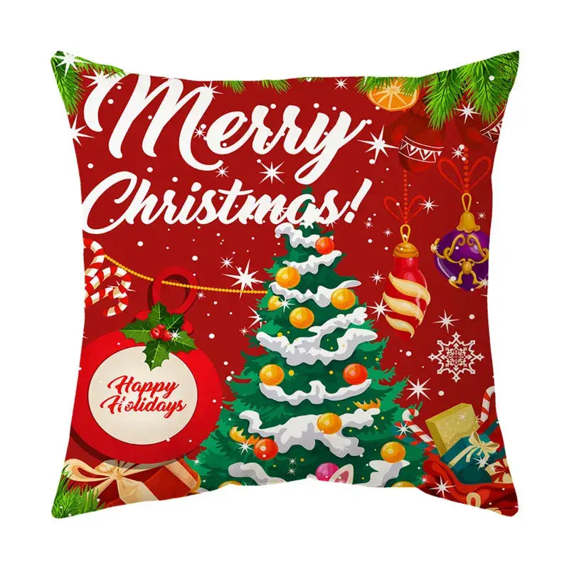 Decorbites christmas sofa pillow cover in red with festive tree, ornaments, candy canes, and merry christmas text for home decor