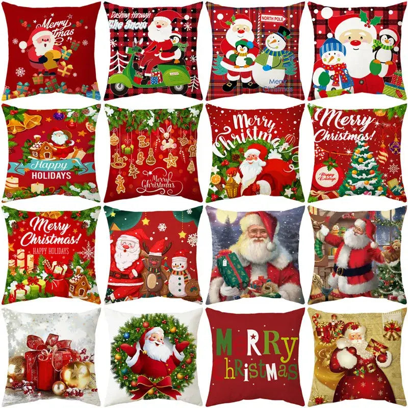 Red decorbites christmas sofa pillow cover featuring santa claus snowmen and festive holiday decorations for home decor