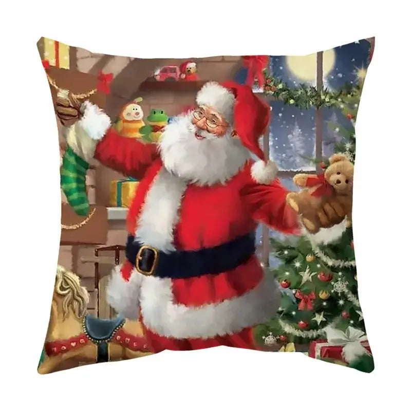 Decorbites christmas sofa pillow cover featuring red and white santa claus festive holiday scene fabric throw pillowcase