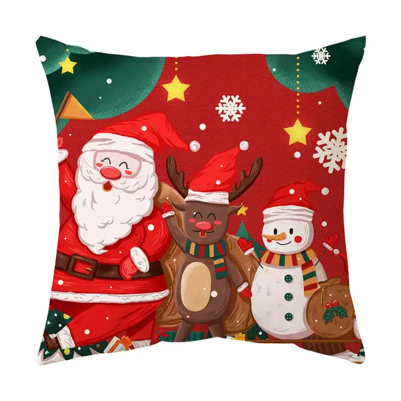 Red christmas sofa pillow cover by decorbites featuring santa, a reindeer, and a snowman in festive attire