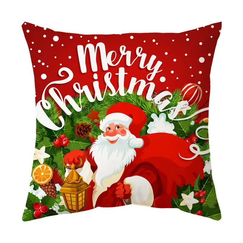 Red christmas sofa pillow cover by decorbites featuring cheerful santa claus with holly pinecones and festive ornaments