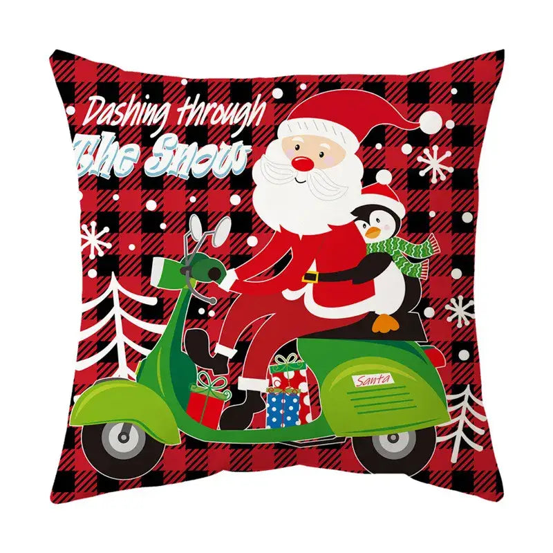 Red and black plaid pillow cover featuring santa claus riding a green scooter with penguin for decorbites christmas sofa pillow