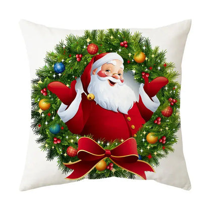 White pillow cover featuring santa claus in red suit with wreath design for decorbites christmas sofa pillow