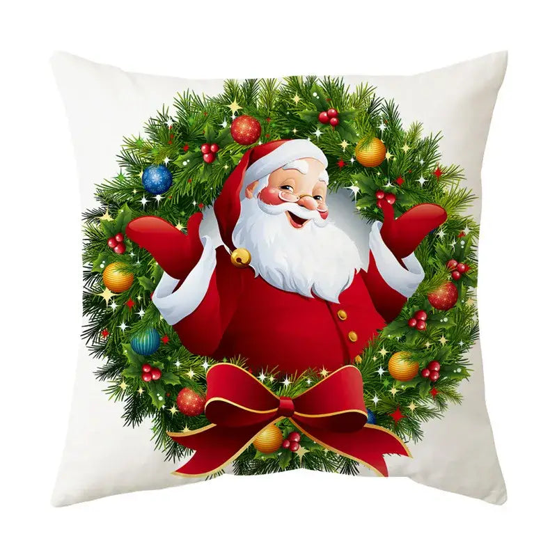 White pillow cover featuring santa claus in red suit with wreath design for decorbites christmas sofa pillow