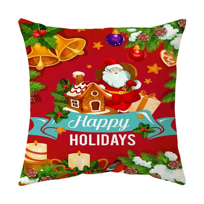 Red DecorBites Christmas sofa pillow cover featuring Santa Claus festive design with happy holidays text on teal ribbon