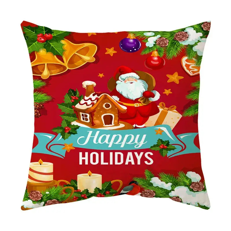 Red DecorBites Christmas sofa pillow cover featuring Santa Claus festive design with happy holidays text on teal ribbon