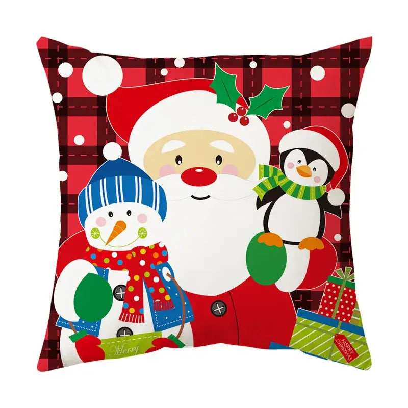 Red and white plaid christmas sofa pillow cover by decorbites featuring santa snowman and penguin for home decor