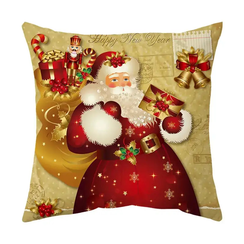 Red and gold decorbites christmas sofa pillow cover featuring santa claus with gifts and festive holiday elements