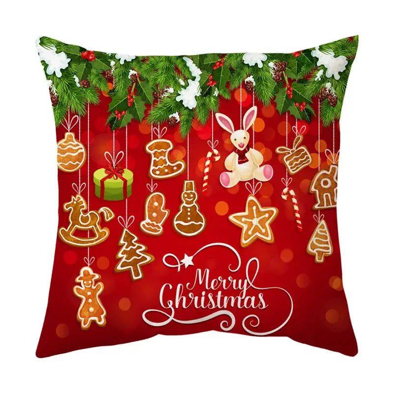Red christmas-themed pillow cover featuring gingerbread cookies plush bunny and merry christmas script for decorbites christmas sofa pillow
