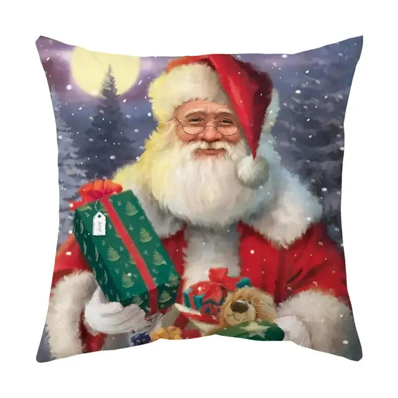 Red and white santa claus pillow cover with festive snow pine trees and gifts for decorbites christmas sofa pillow decor