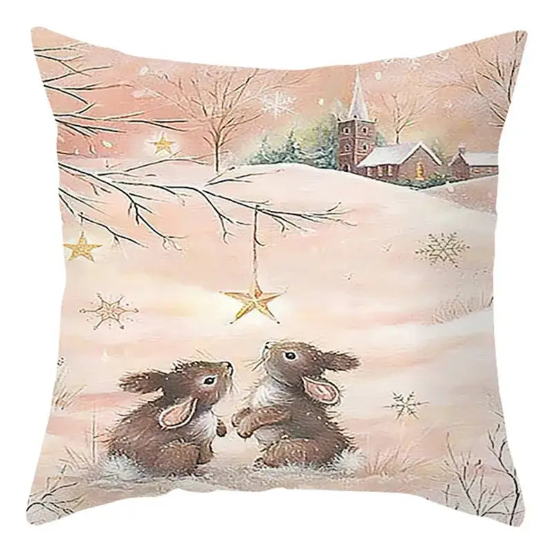 Decorbites christmas soft plush cushion cover 45x45cm with cozy winter scene featuring rabbits and golden stars
