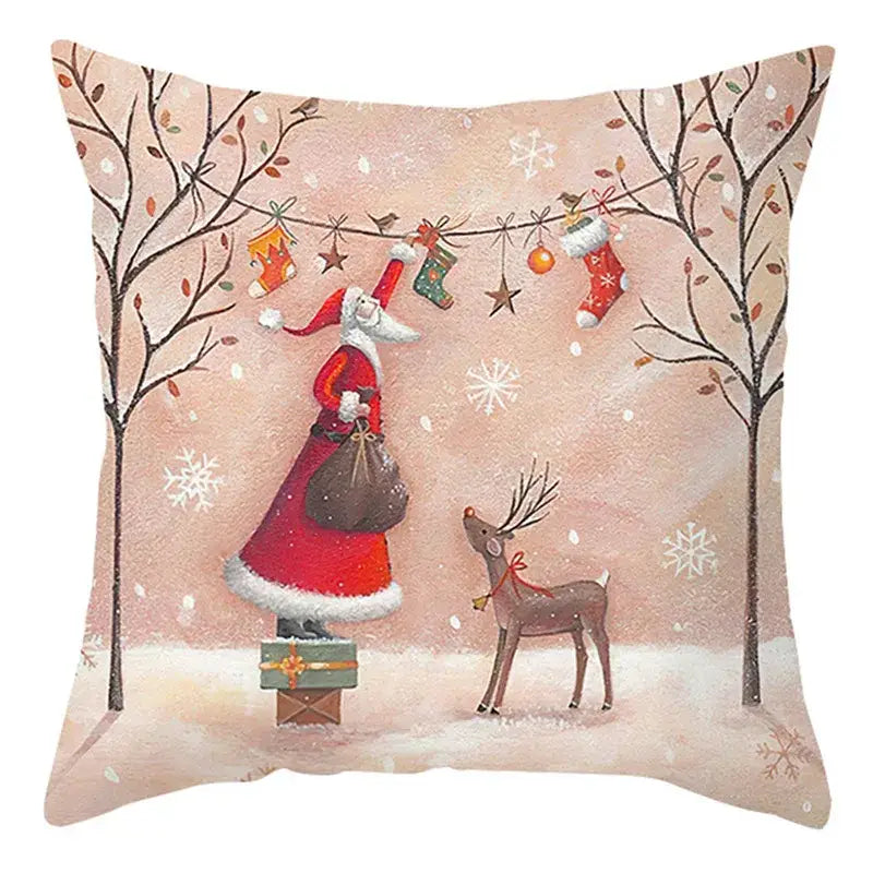 Decorbites christmas soft plush cushion cover 45x45cm with santa claus and reindeer festive illustration on pink background