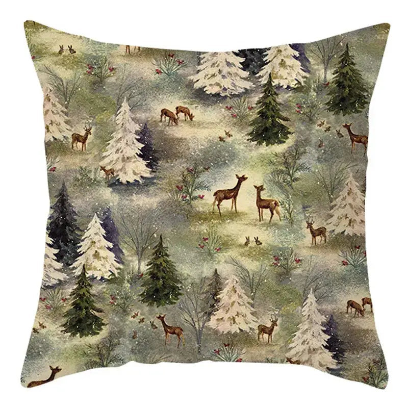 Decorbites christmas soft square cushion cover with deer and snow-dusted evergreens in muted green and brown tones