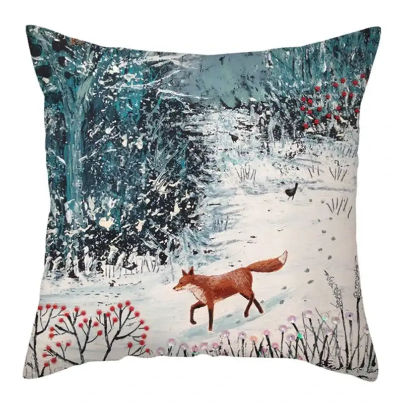 Square decorbites christmas soft cushion cover featuring a red fox in a snowy forest with teal trees and pink blossoms