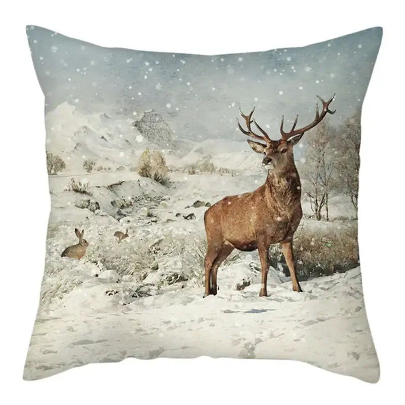 Square decorbites christmas soft cushion cover featuring a brown stag and rabbits in a snowy winter scene 45x45cm