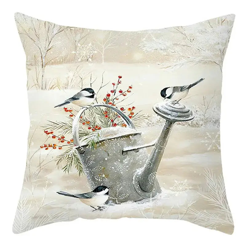 Decorbites christmas soft plush cushion cover featuring a gray watering can with red berries and black-and-white birds