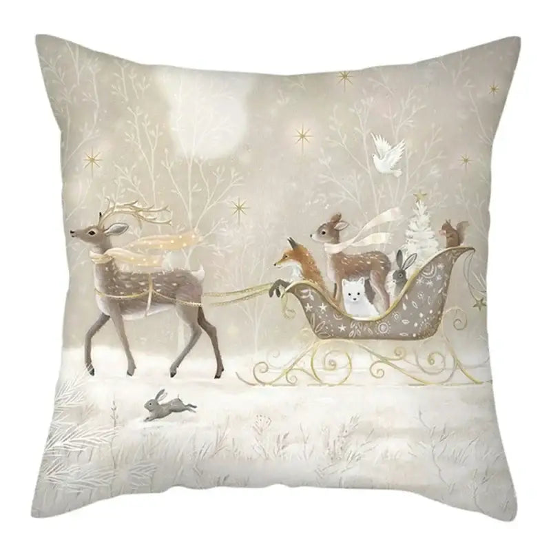 Beige decorbites christmas soft plush cushion cover featuring whimsical winter deer sleigh with gold stars and branches