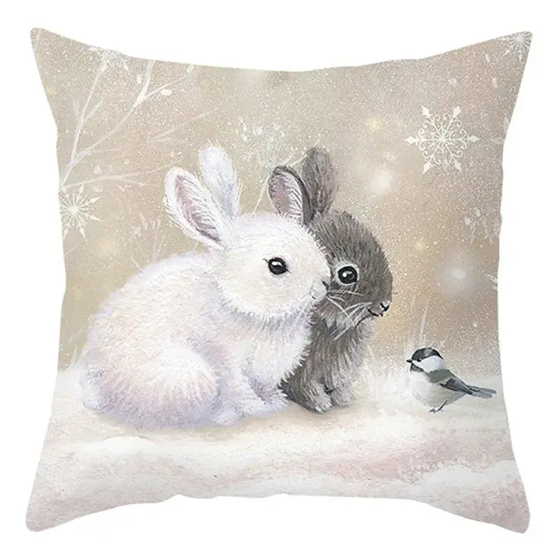 Beige decorbites christmas soft plush cushion cover featuring rabbits and bird illustration in snowy winter scene