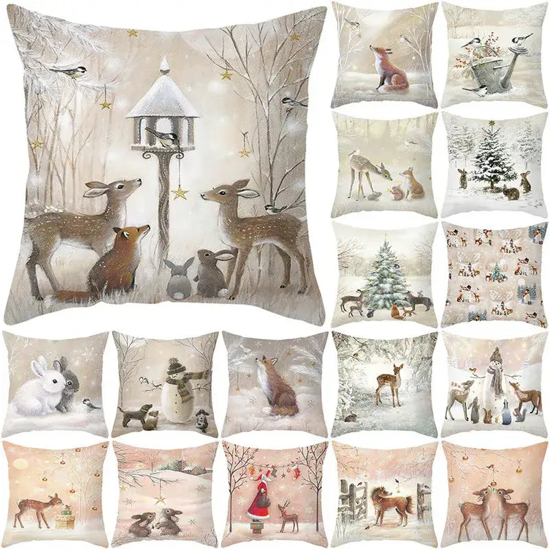 Decorbites christmas soft plush cushion cover beige with winter woodland scene featuring deer rabbits and birds