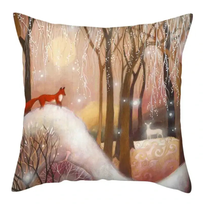 Decorbites christmas soft plush cushion cover 45x45cm with whimsical forest scene featuring red fox and white deer