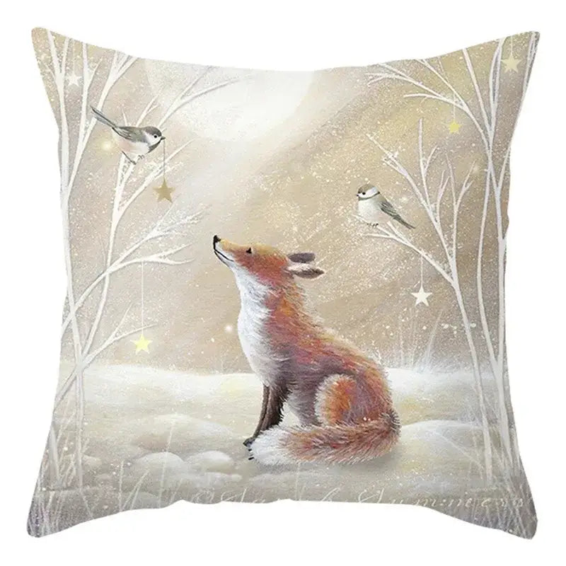 Decorbites christmas soft plush cushion cover featuring a cozy red fox winter scene with birds and bare trees in snow