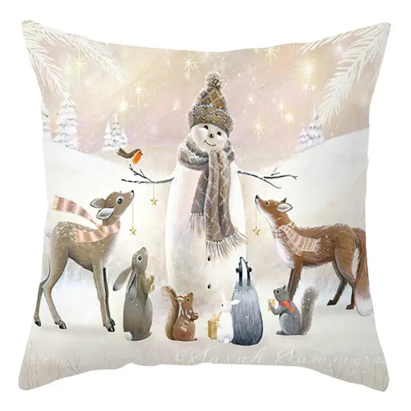 Decorbites christmas soft plush cushion cover featuring a pastel winter scene with snowman and woodland animals 45x45cm