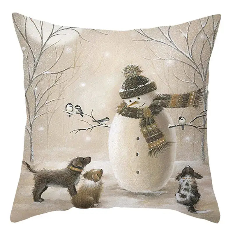 Beige decorbites christmas soft plush cushion cover featuring a snowman with dogs and birds in a snowy forest scene
