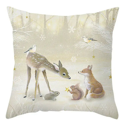 Decorbites christmas soft cream cushion cover featuring a snowy woodland scene with deer foxes and birds 45x45cm