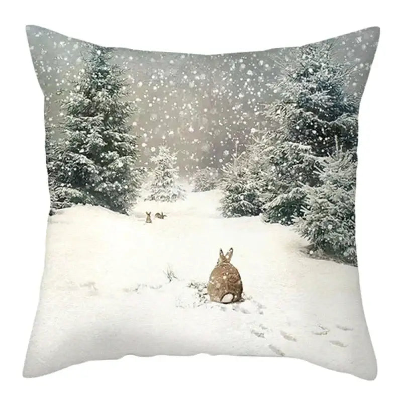 Decorbites christmas soft plush cushion cover 45x45cm featuring a brown rabbit in snowy forest with evergreen trees