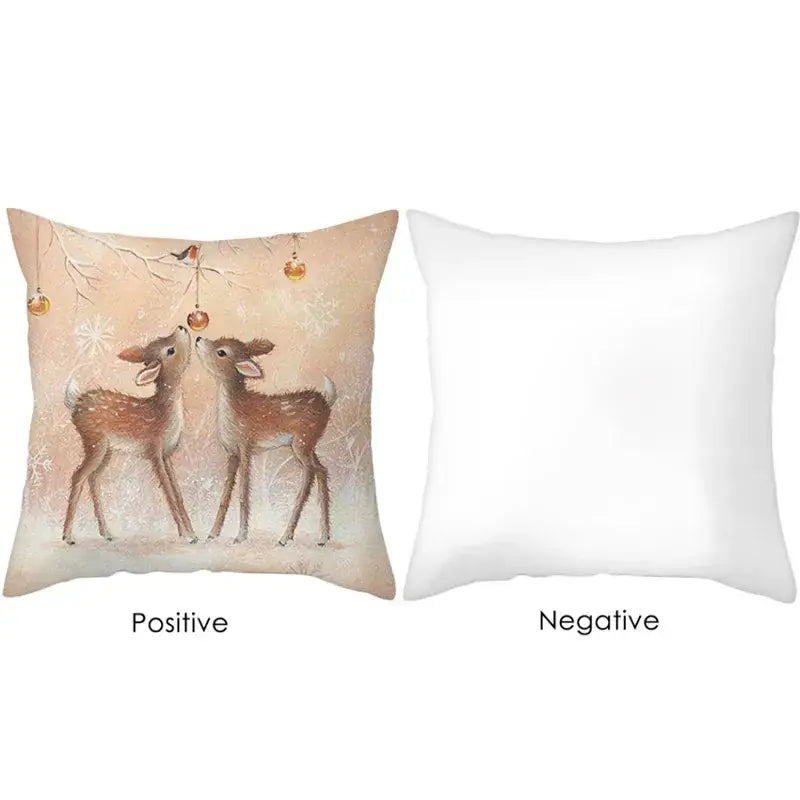 Beige decorbites christmas soft plush cushion cover featuring two deer under festive hanging ornaments 45x45cm