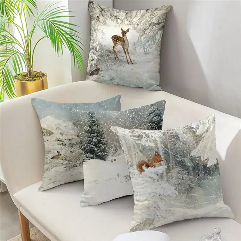 Set of three decorbites christmas soft plush cushion covers featuring winter woodland scenes on soft fabric