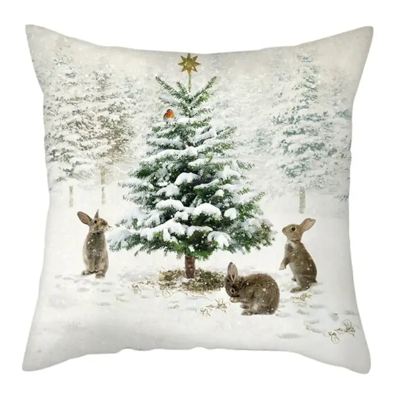 White decorbites christmas soft plush cushion cover with snowy scene of rabbits and pine tree 45x45cm