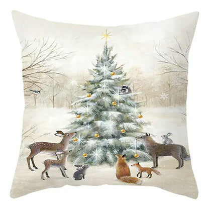 Beige decorbites christmas soft plush cushion cover featuring a whimsical winter scene with animals and gold ornaments
