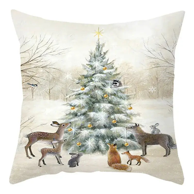 Beige decorbites christmas soft plush cushion cover featuring a whimsical winter scene with animals and gold ornaments