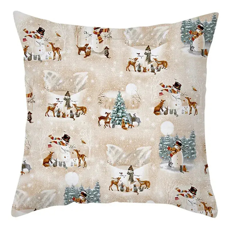 Beige decorbites christmas soft plush cushion cover featuring festive snowmen deer and animals in snowy landscape