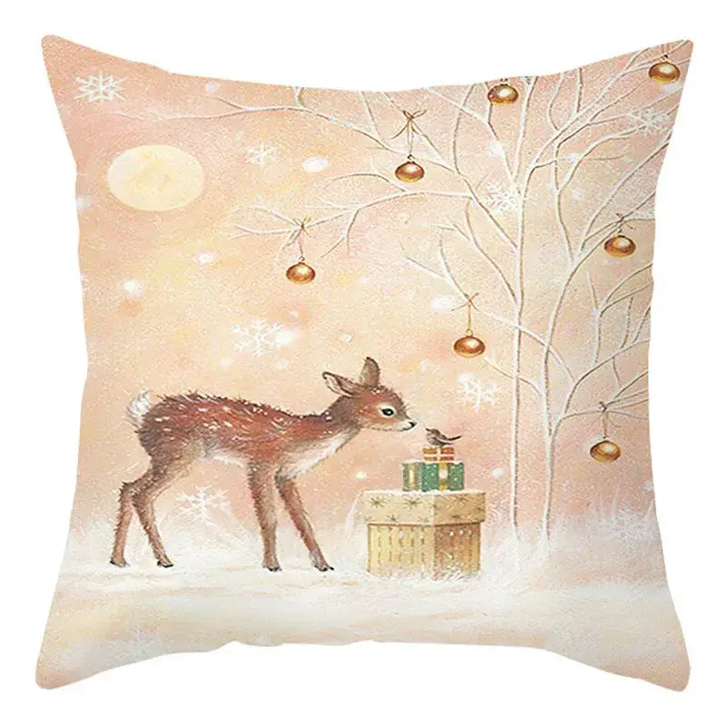 Peach-colored decorbites christmas soft plush cushion cover with a brown fawn and festive snowflake design 45x45cm