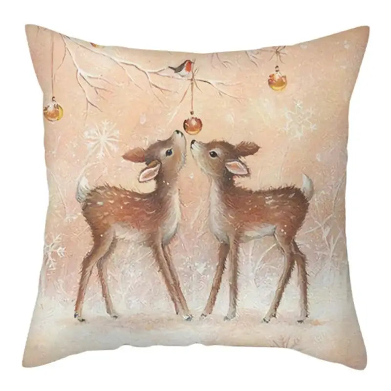 Decorbites christmas soft beige plush cushion cover with two brown fawns under golden ornaments and snowflakes