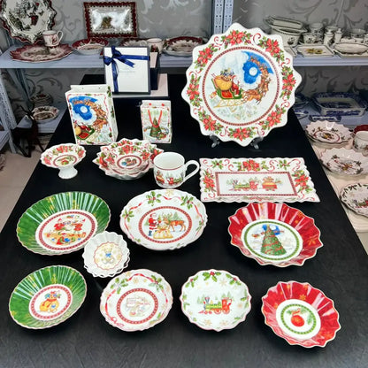 Decorbites christmas tableware ceramic dinnerware set with festive red green white santa reindeer and holiday scenes