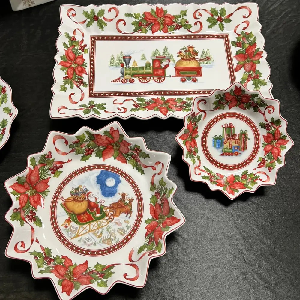 Set of three festive ceramic serving dishes with holiday train and sleigh scenes by decorbites christmas tableware
