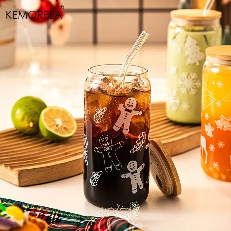 Clear glass beer can mug with white gingerbread man and candy cane decals, wooden lid and straw by DecorBites Christmas