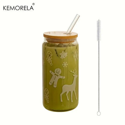 Olive-green glass beer can mug by decorbites christmas with festive etched designs bamboo lid and clear straw