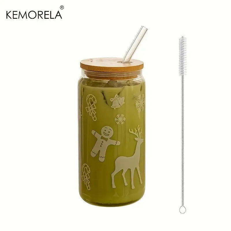Olive-green glass beer can mug by decorbites christmas with festive etched designs bamboo lid and clear straw