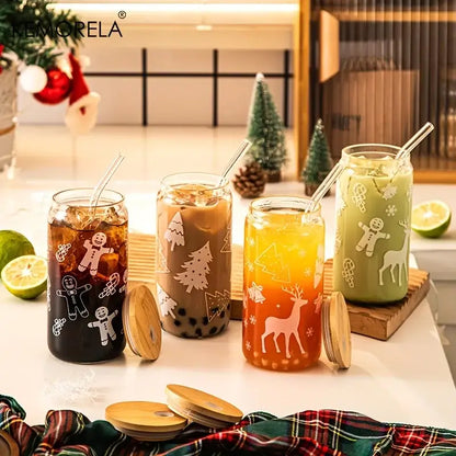Four festive decorbites christmas glass beer tumblers with wooden lids featuring holiday-themed decals and colorful drinks