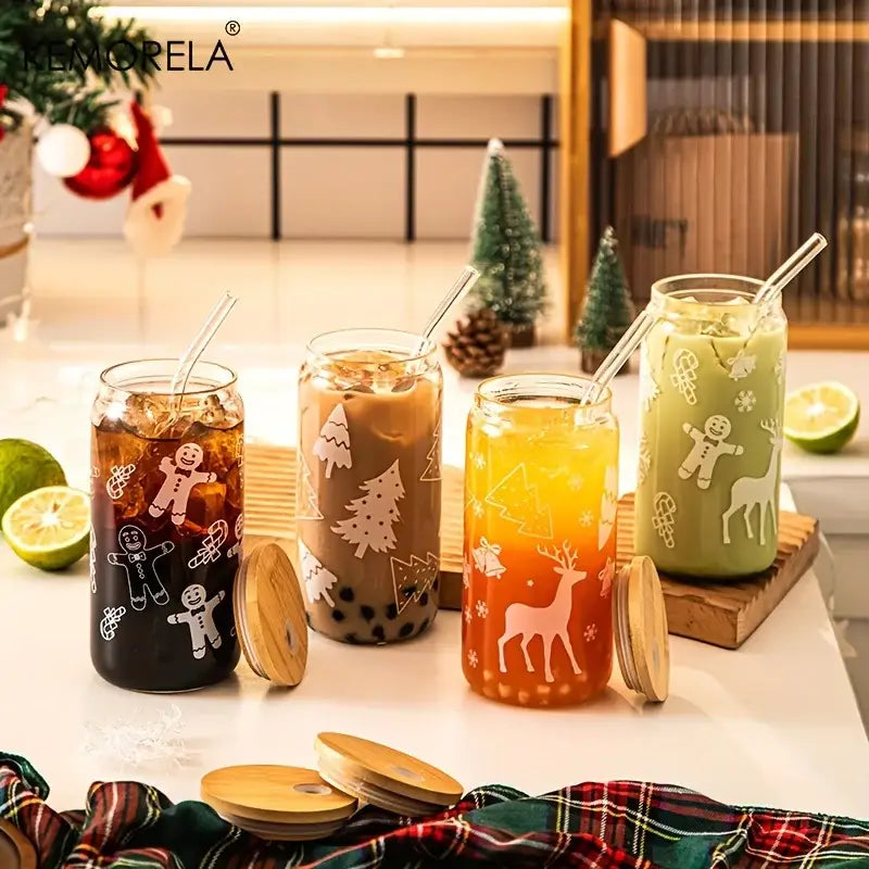 Four festive decorbites christmas glass beer tumblers with wooden lids featuring holiday-themed decals and colorful drinks
