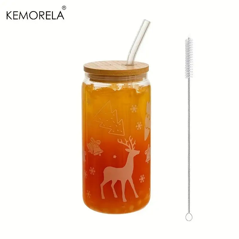 Decorbites christmas glass beer tumbler with wooden lid etched christmas deer design filled with orange beverage
