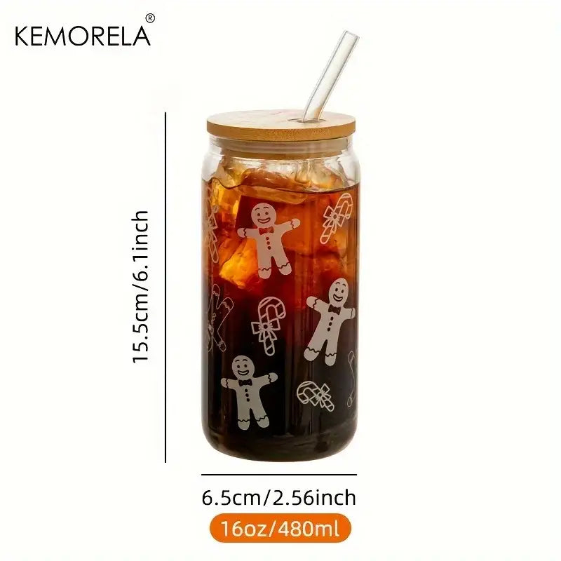 Decorbites christmas clear glass beer can mug with gingerbread decals bamboo lid and clear straw for festive use