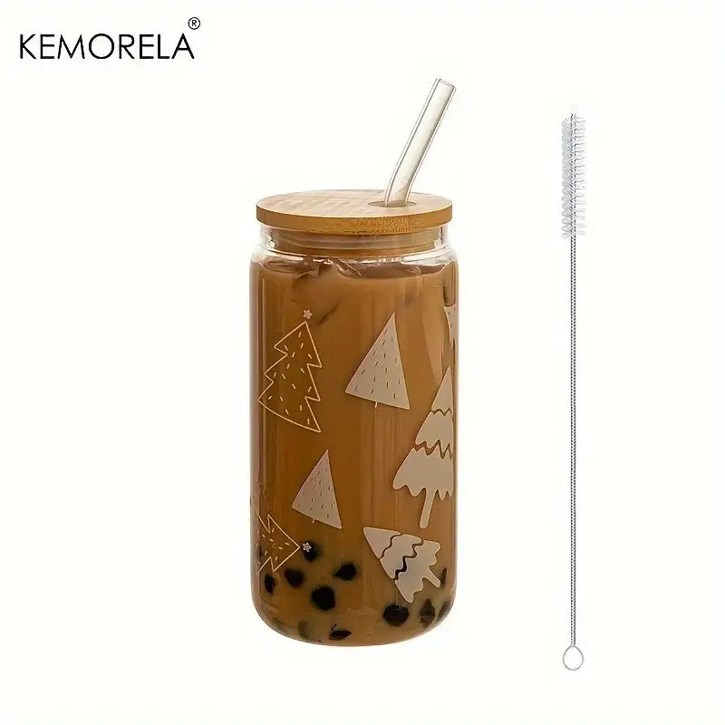Decorbites Christmas glass beer can mug with bamboo lid and straw featuring frosted Xmas tree decals on glass surface