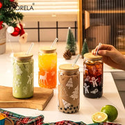 Clear glass decorbites christmas beer can mugs with wooden lids white holiday decals filled with colorful beverages